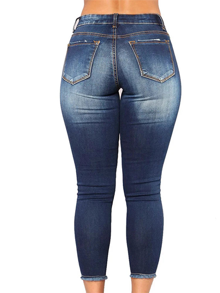 Women Ripped Jeans Low Waist Skinny Denim With Zipper Pockets Blue Y2K Summer