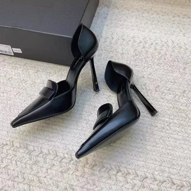 10cm Metal Blade Pointed Toe Stiletto Heels Pumps Coffee Brown Retro Fashion Dress Shoes Woman Thin High Heels Designer