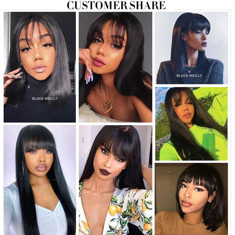 14inch Straight Bob Wig with Bangs Human Hair Realistic Transparent Silk Base Full Lace Short Black Bob Wigs Blunt Cut Bob Wig