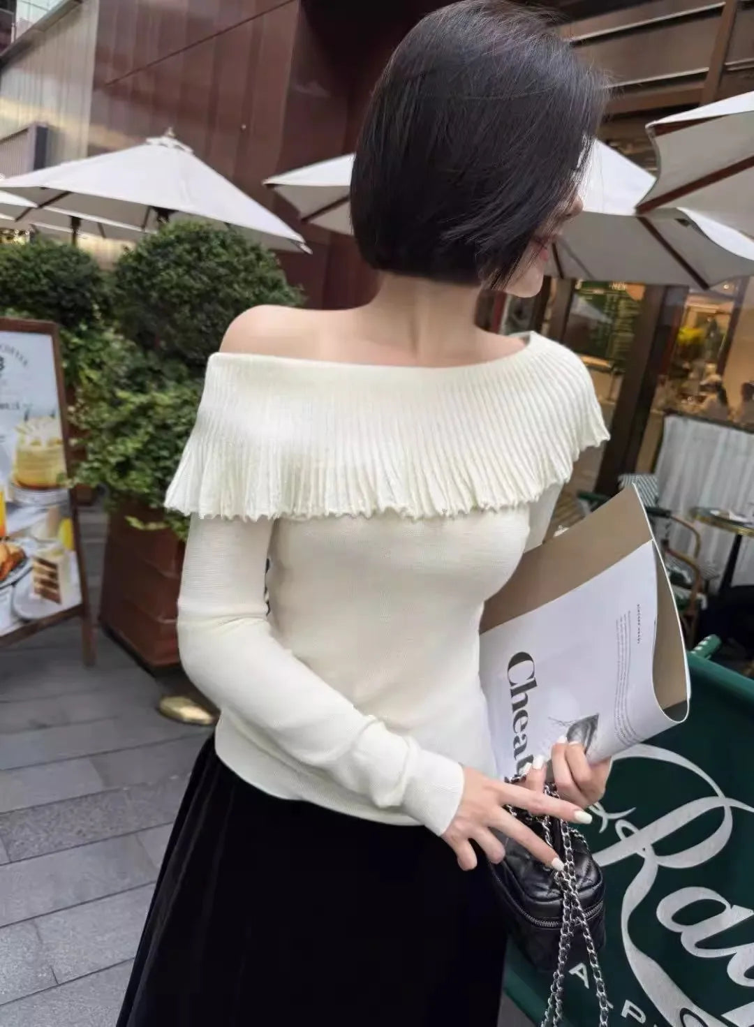 Women's Solid Color Slash Neck Ruffles Sweater Short Pullover Korean Fashion Chic Retro Style for Autumn Winter