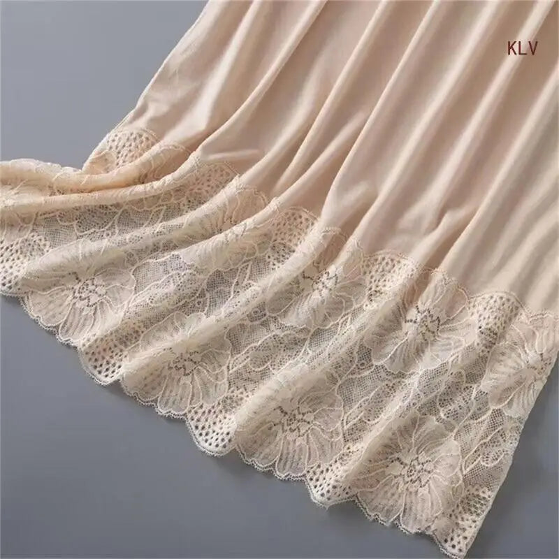 Womens Lace Trim Half Slip Long Underskirt Elastic Waist Solid Color Petticoat Basic Safety Half Skirt for Under Dresses