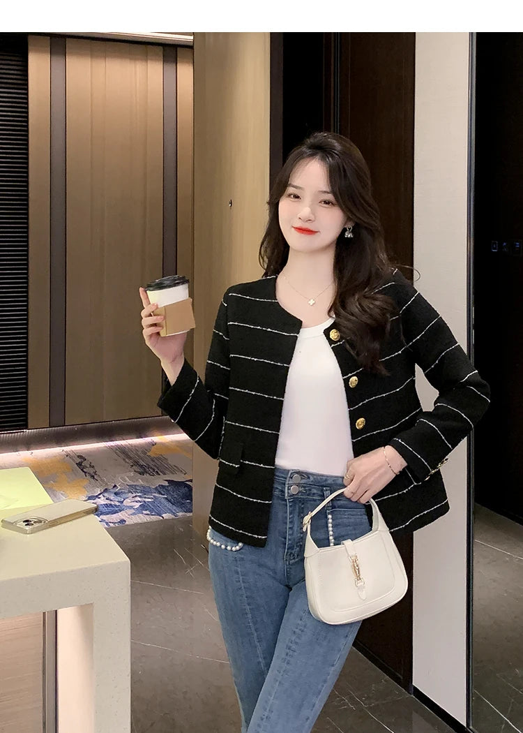 Korean Fashion Casual Small Fragrance Tweed Jacket Coat Women Fall Winter Fried Street Striped Coat Casaco Woolen Outwear Top