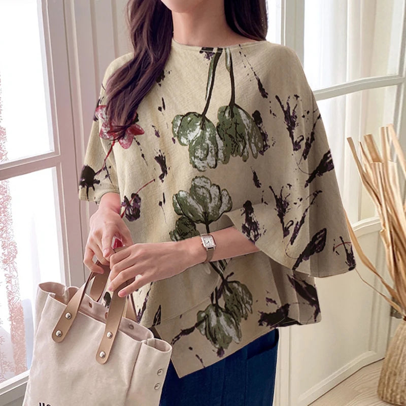 ZANZEA Women Fashion Blouse Chic 3/4 Sleeve Ruffle Hem Top Shirt 2025 Summer Round Neck Loose Blusa Elegant Irregular Work Tunic