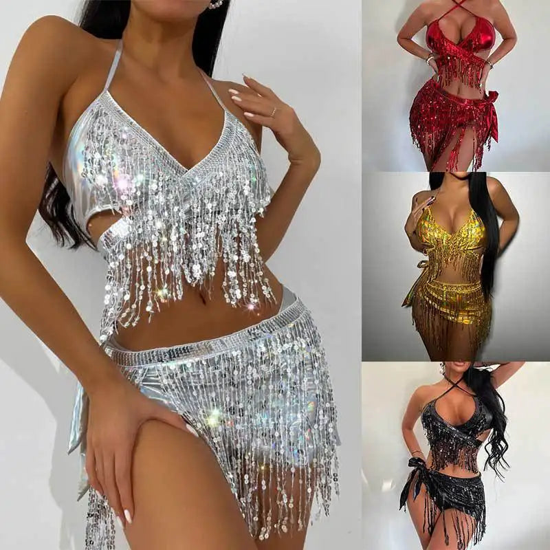 Swimwears Sexy Bikinis Set Camisole Deep V Neck Solid Shorts Summer Beach Style Slight Strech High Waist Sequins 2025 Slim