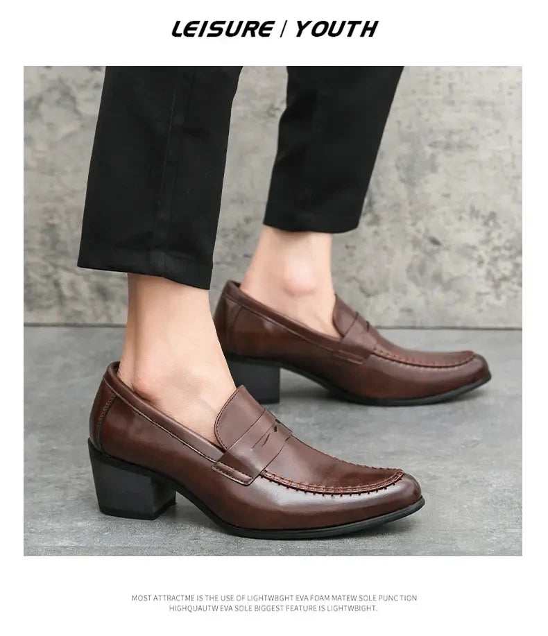 Men Retro Dress Shoes Black Brown Medium High Heels European and American Business Banquet Cuban Leather Shoes Size 38-45
