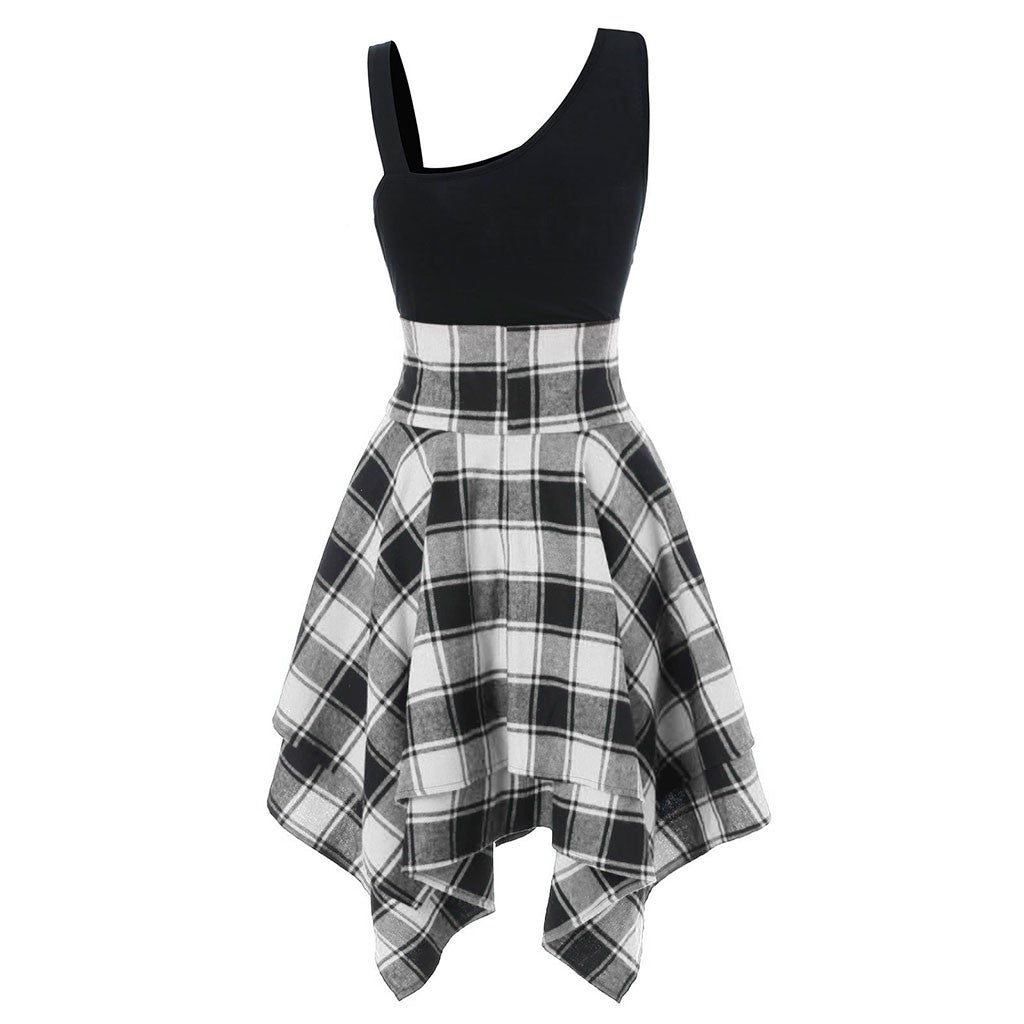 Elegant Classy Dresses For Women 2024 Sleeveless Cold Shoulder Cross Lace Up Plaid Print Irregular A-Line Dresses