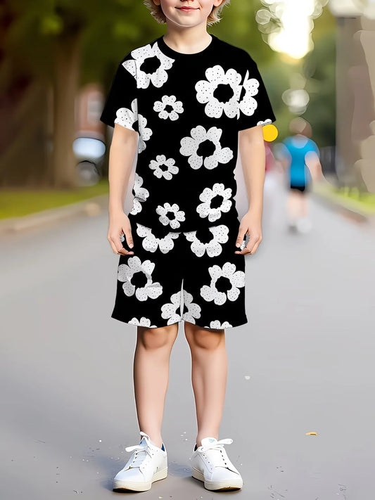Kawaii Floral Print Kids Sport Suit Short Sleeve Tee and Shorts 2-Piece Set Black Casual Summer Clothes for Boys