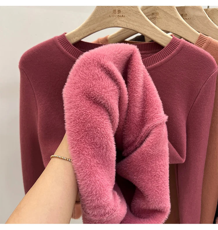 Women's O-neck Velvet Thicken Sweaters Winter Slim Warm Long Sleeve Knitted Tops Casual Plush Fleece Lined Soft Pullovers Ladies
