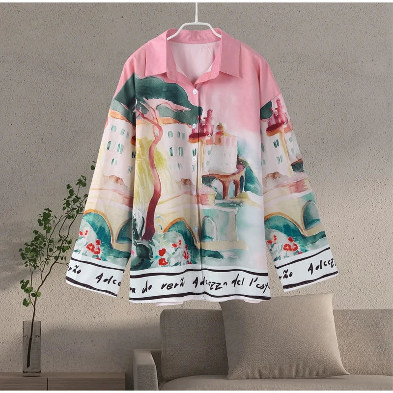 Floral Print Women Two Piece Set With Turn Down Collar Summer Casual Suit