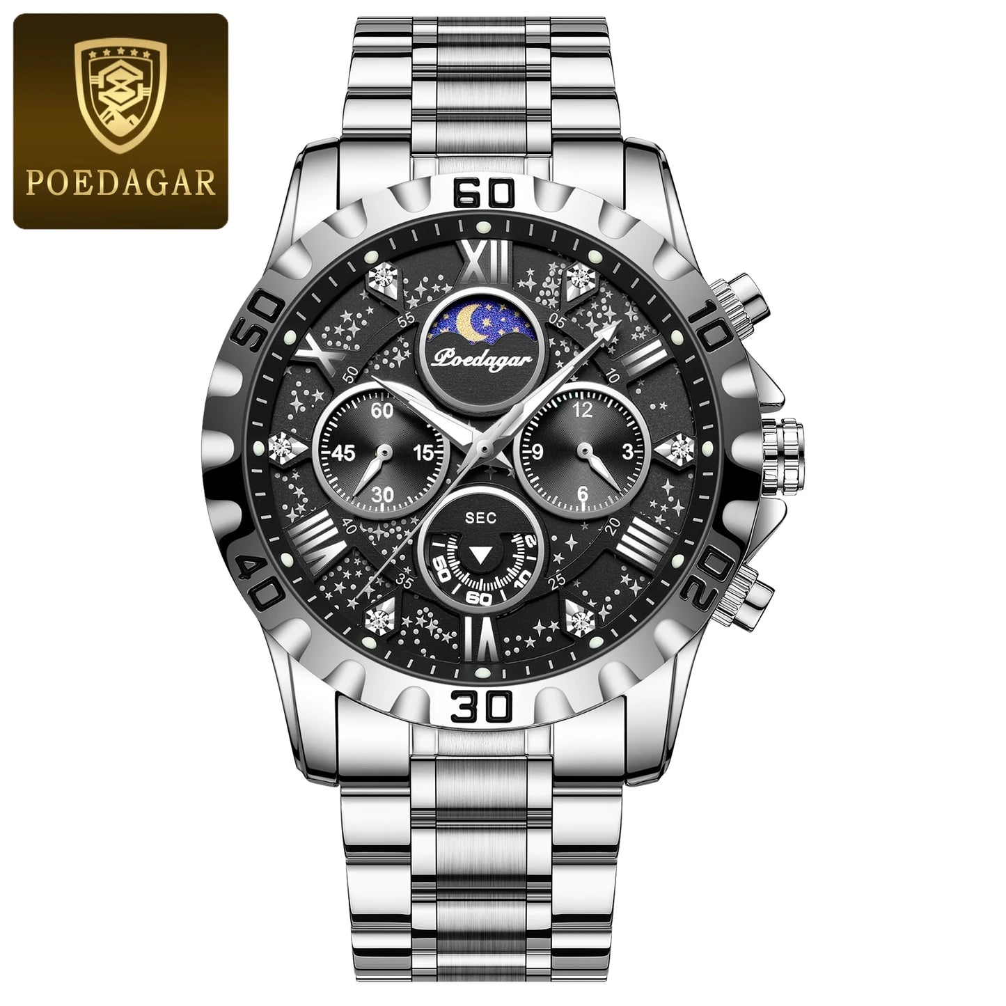 POEDAGAR Trendy Men Watch Chronograph Waterproof Luminous Stainless Steel Man Wristwatch Luxury Business Quartz Watches For Men