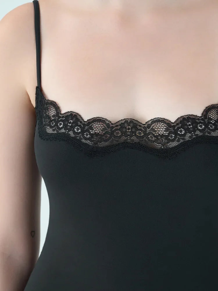 Square Neck Spaghetti Strap Bodysuits Lace Trim Women Sleeveless Slimming Bodycon Jumpsuit Romper