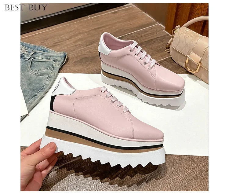 New beige Women Platform Casual Shoes 2024 Spring Black Casual Chunky Sneakers Women Real Leather White Height Increasing Shoes