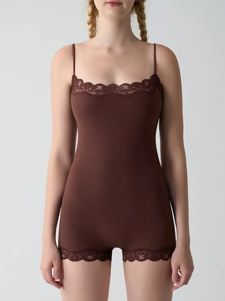 Square Neck Spaghetti Strap Bodysuits Lace Trim Women Sleeveless Slimming Bodycon Jumpsuit Romper
