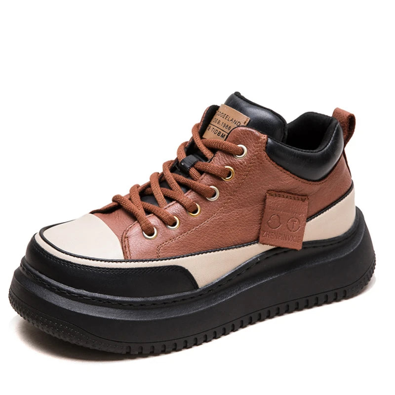 Myjyjz 4.5cm Cow Genuine Leather Women Spring Platform Wedge Flats Chunky Sneakers Lace Up Autumn Loafer Vulcanize Shoes Rubber