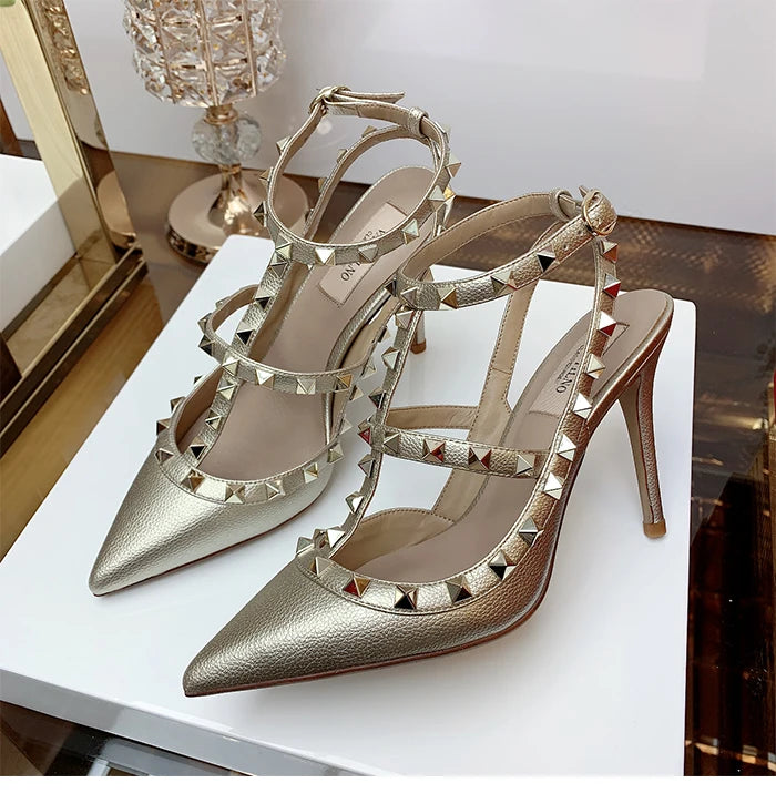 Nude Women's Gladiator sandals Summer 2025 Luxury With Ankle Strap Pointed Toe Fashion Rivet High Heels Party Ladies Shoes Women