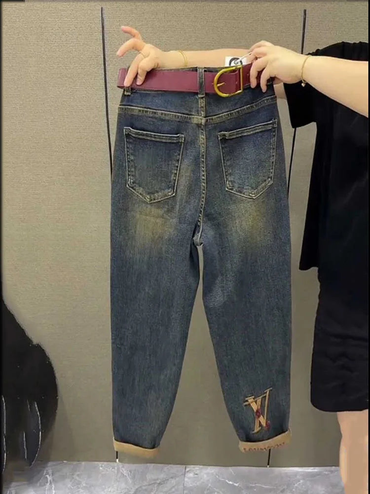 NEW Spring Autumn High Waist Straight Jeans Loose Fit Stretch Haren Denim Pants Ladies Ankle-Length Jeans Pants 2024