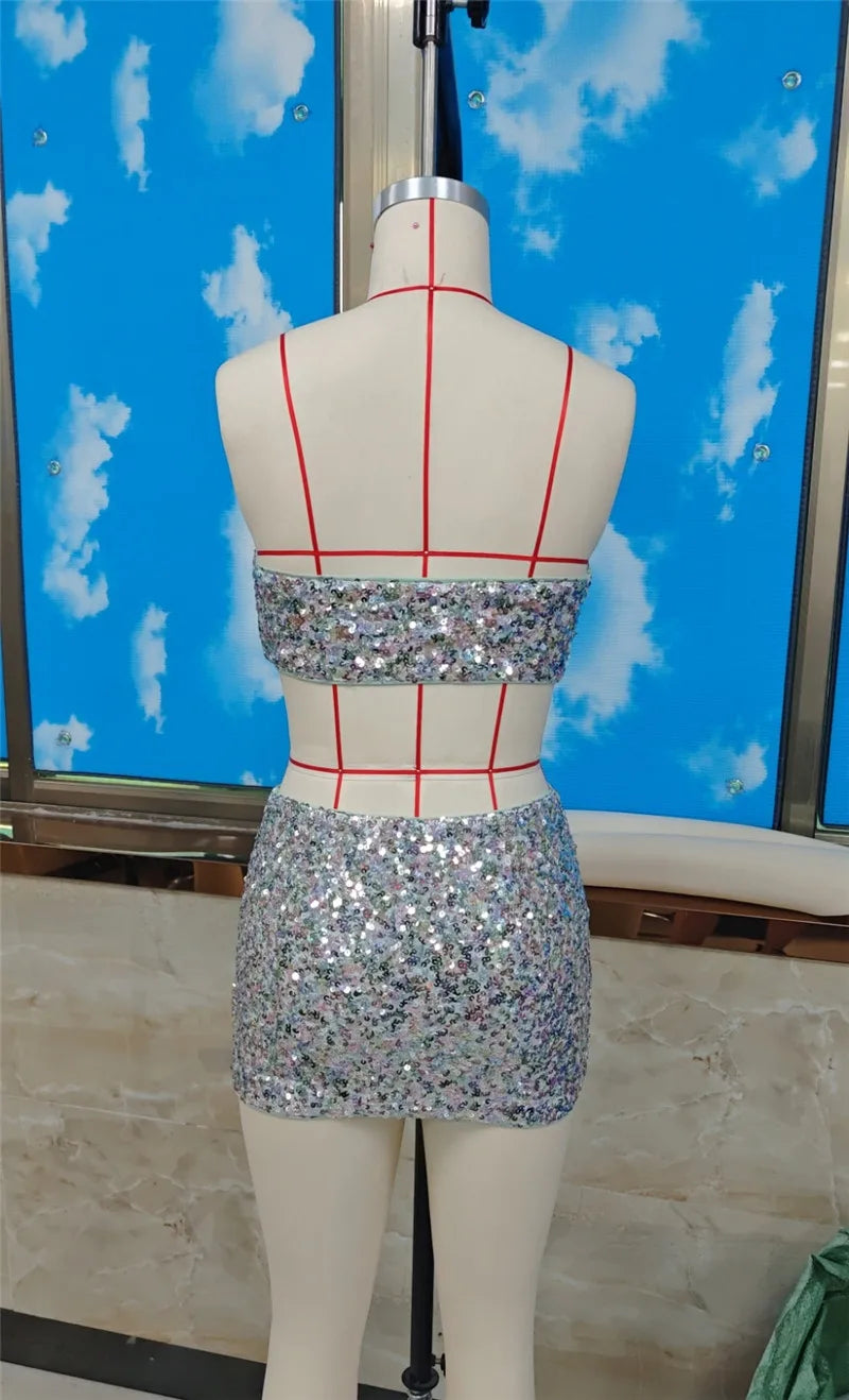 Women Sequin Two Piece Outfit Halter Crop Top And Split Mini Skirt Club Wear
