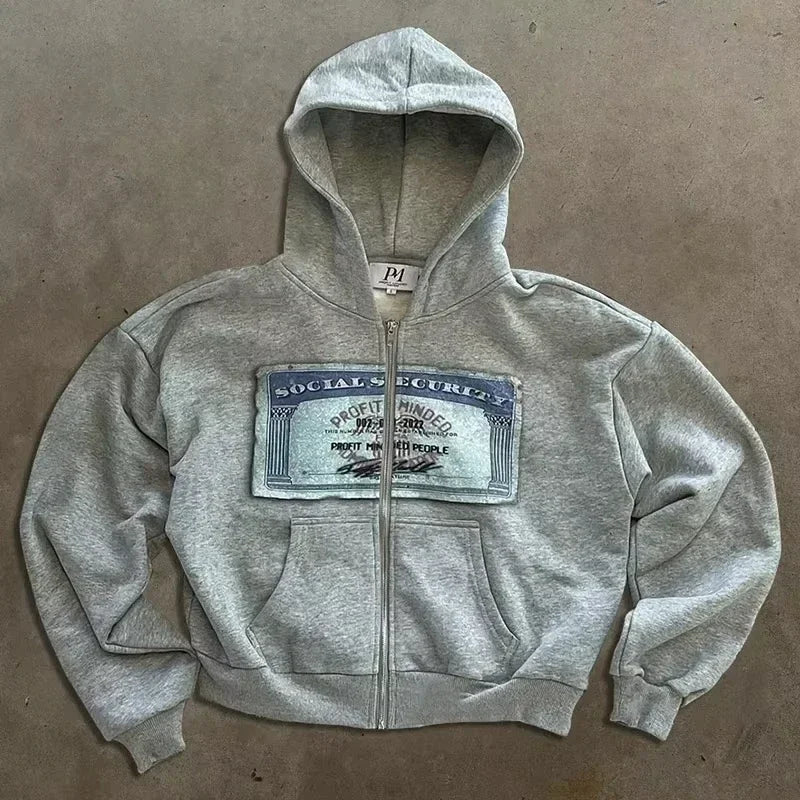 American Fashion Hip Hop Letter Embroidered Zipper Hoodie Men Street Y2K New Casual Loose Fleece Padded Sweatshirt Unisex Hoodie