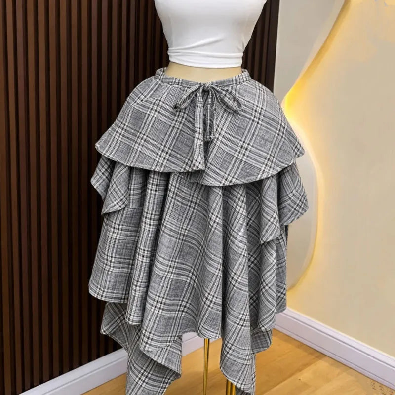 New African Fashion Sweet Checkered Print Skirt Women Summer Streetwear Irregular Patchwork High Waisted Skirt Female Bottoms