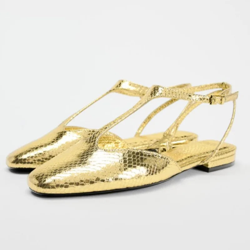2025 Spring Women Slingback Flats Designer Buckle Ankle Strap Fashion Gold Black Large Size Comfortable Ladies Mary Jane Shoes