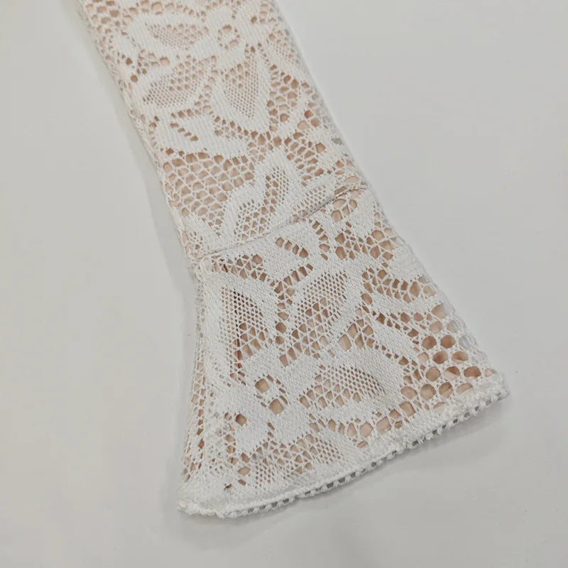 Suninheart Hollow Out Long Sleeve Cocktail Dress Women Lace Stand Collar