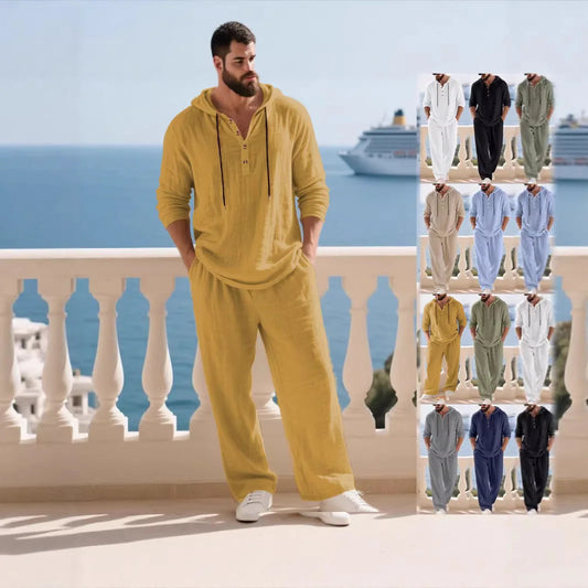 Spring Summer Men's Cotton Linen Casual Set Long Sleeve Hooded Shirt & Long Pants Home Suit Breathable Comfortable Two Piece Set