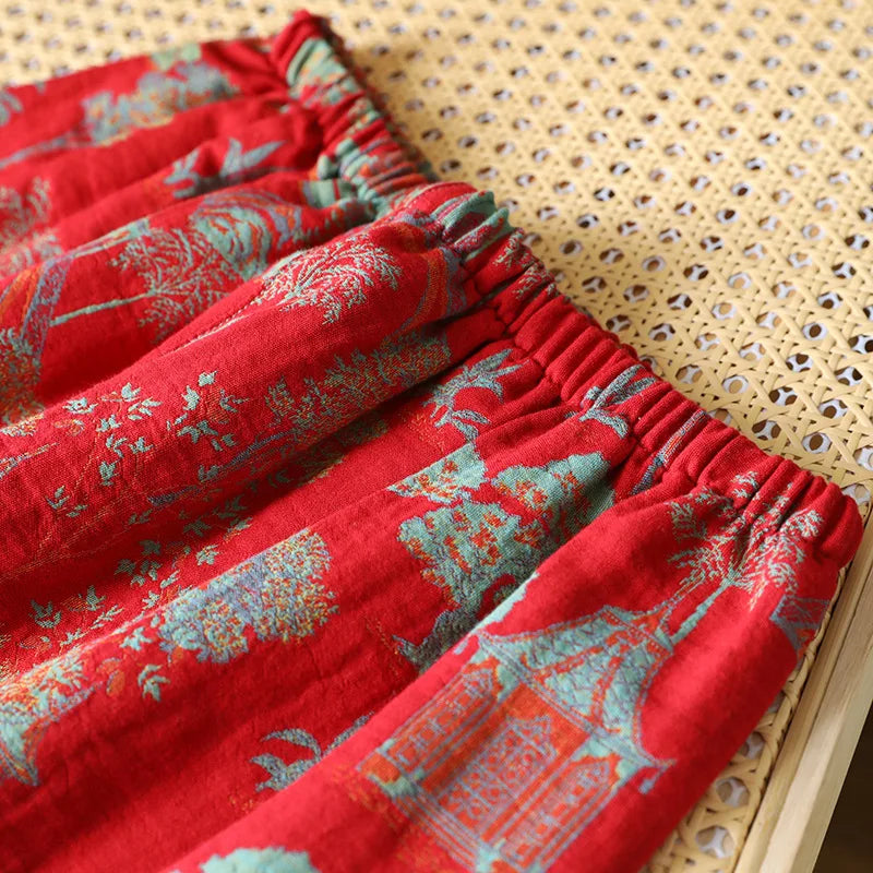 Cotton Jacquard Women's Pajamas Set for Spring and Autumn Retro Color Woven Home Clothes Long Sleeved Pyjamas Women