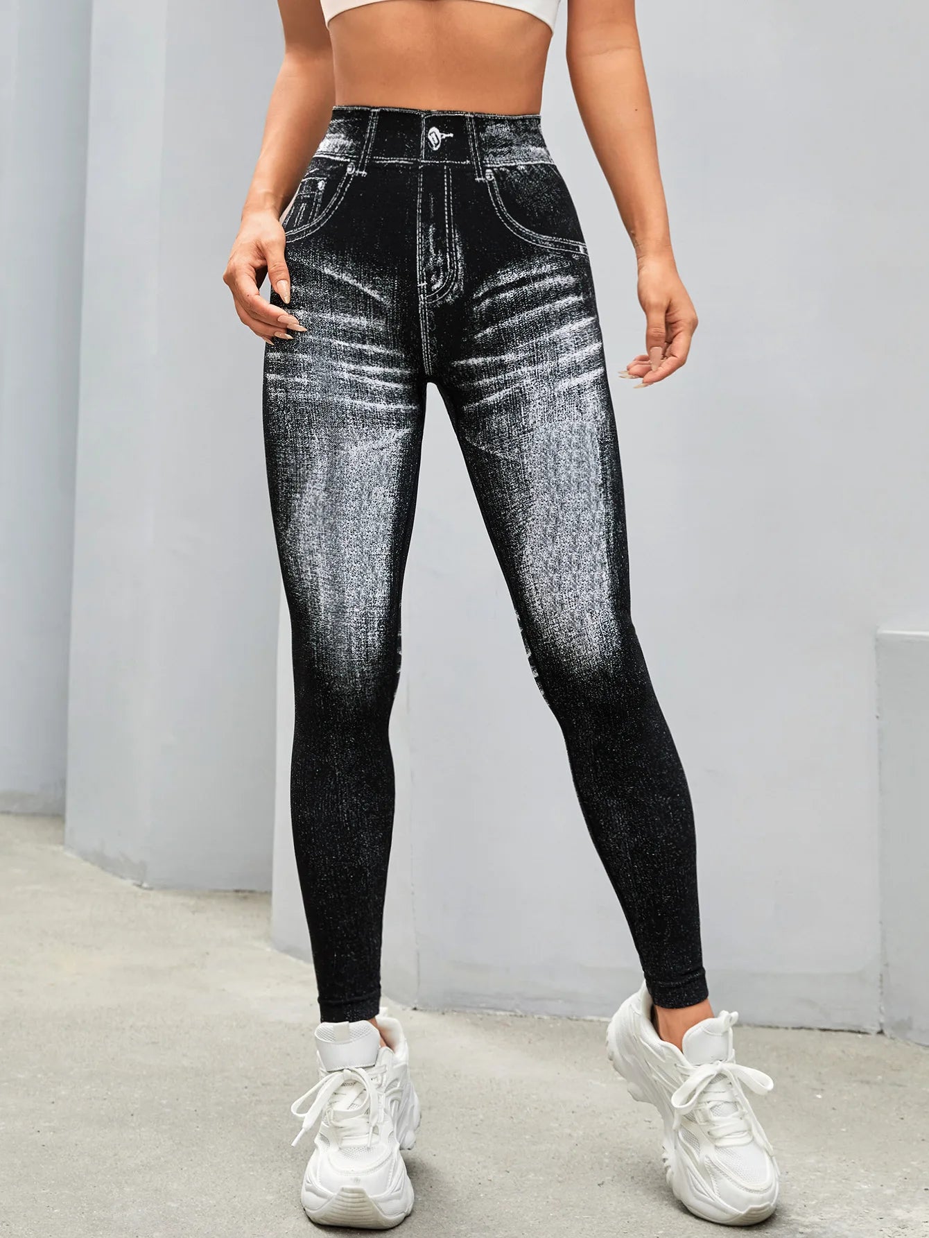 Women V Back Faux Denim Leggings For Gym Workout Athletic Yoga Pants Seamless