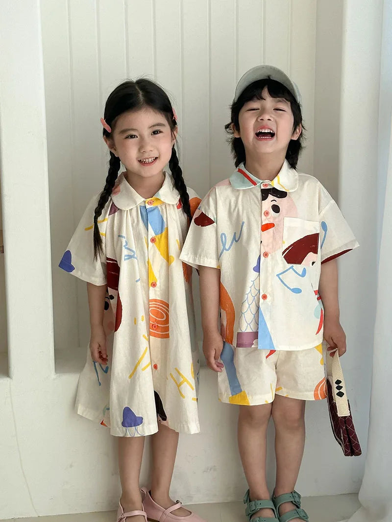 Loose Fit Summer Kids Clothes Set Girls Cute Graffiti Dress Boys Short Sleeved Shirt Children Thin Brother Sisters Outwear Suit