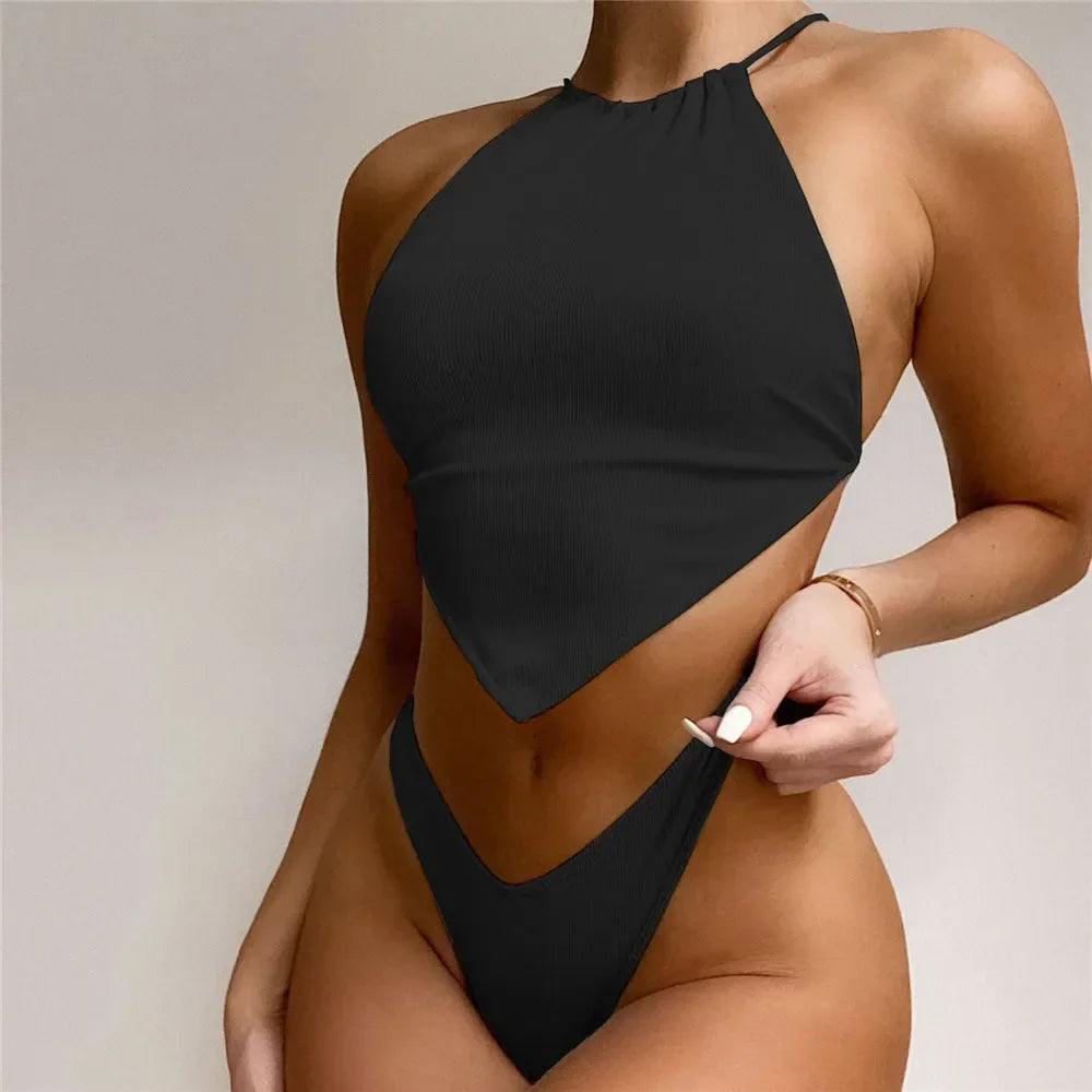Sexy Halter Bandana Bikinis Set Swimwear Women Thong Swimsuits Backless Bathing Suit Bikini Mujer Swim Wear Biquini Summer