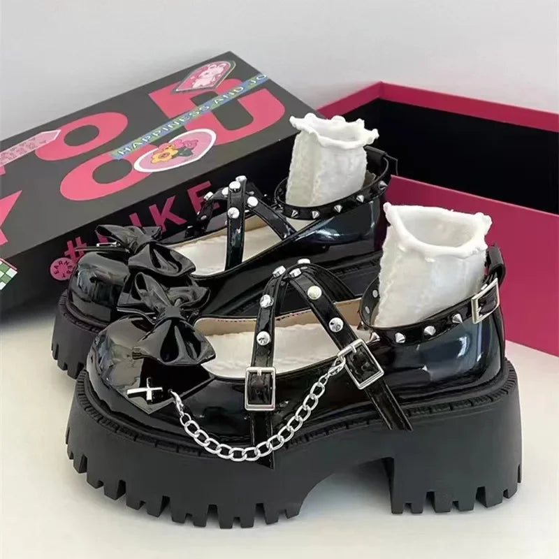 2025 New Women's Shoes Ankle Straps Womens Pumps Platform Women Leather Bows Mary Jane Punk Gothic Chunky Heel Chaussures Femme