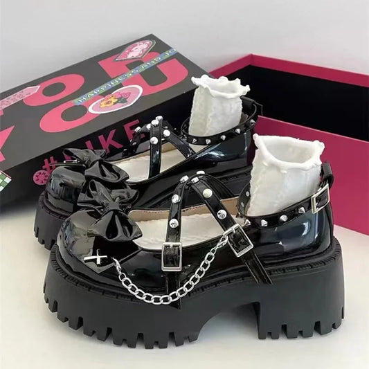 2025 New Women's Shoes Ankle Straps Womens Pumps Platform Women Leather Bows Mary Jane Punk Gothic Chunky Heel Chaussures Femme