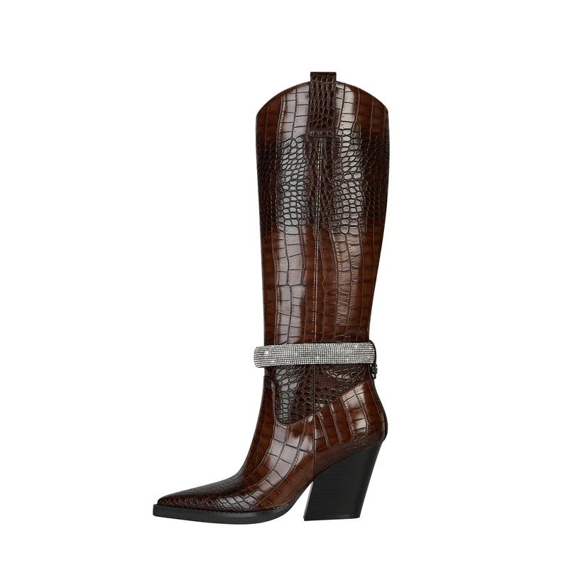 Kaky's New Water Diamond Pointed Thick High Heels Oversized Women's Boots Long Boots High Barrel Boots Western Boots 44 45 46
