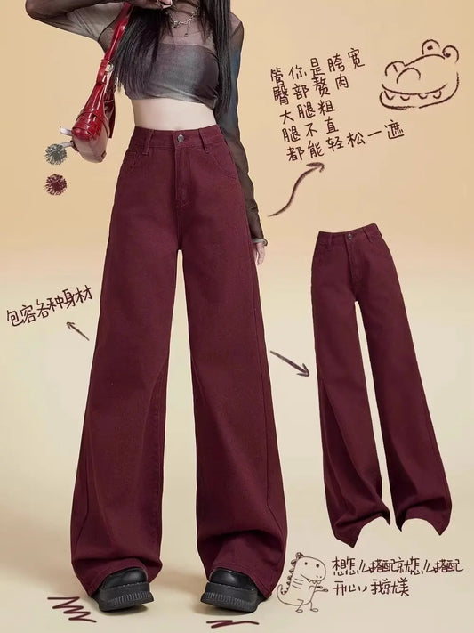 Women's Street Style Wide Leg Red Jeans American Vintage Casual Denim Trousers Female High Waist Loose Straight Pants