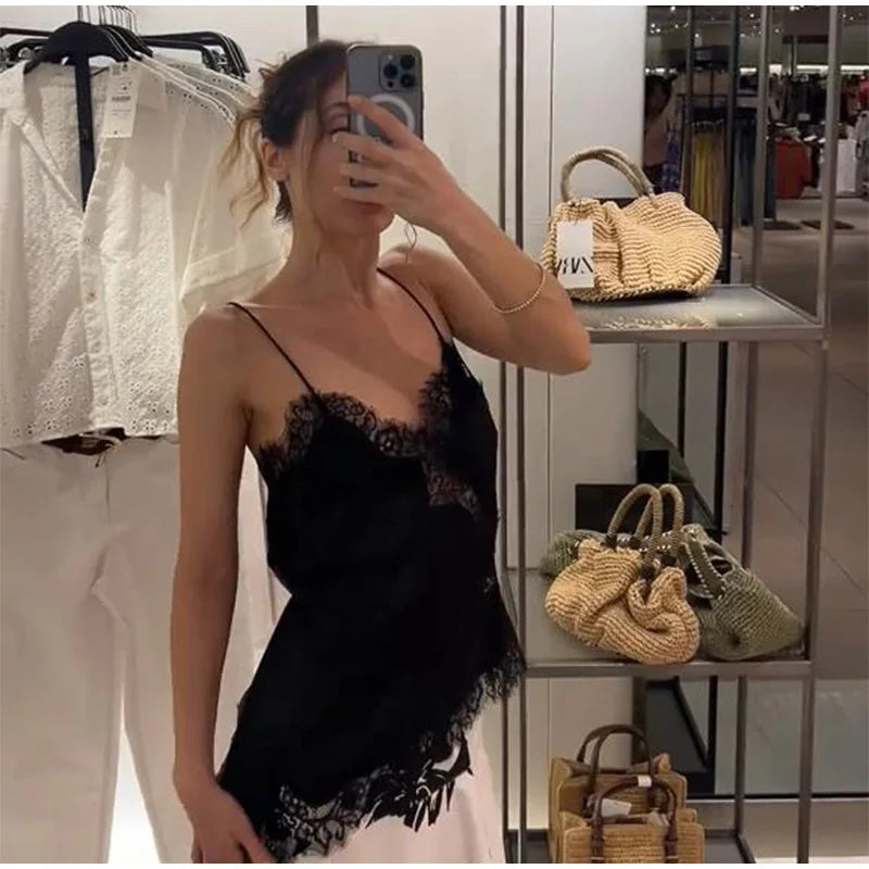 Lace Spliced Square Neck Spaghetti Strap Blouse Loose Fit Cropped 2026 Summer Women Chiffon Top Causal Delicate Lady Blusa