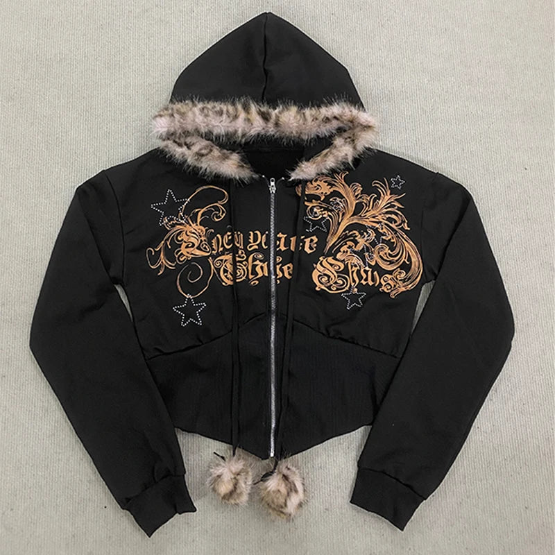 Winter Warm Gothic Print Hoodie Women's Clothin Faux Fur Crop Top Zip-Up Sweatshirt Fashion Y2K Streetwear Hooded Jacket 2026New