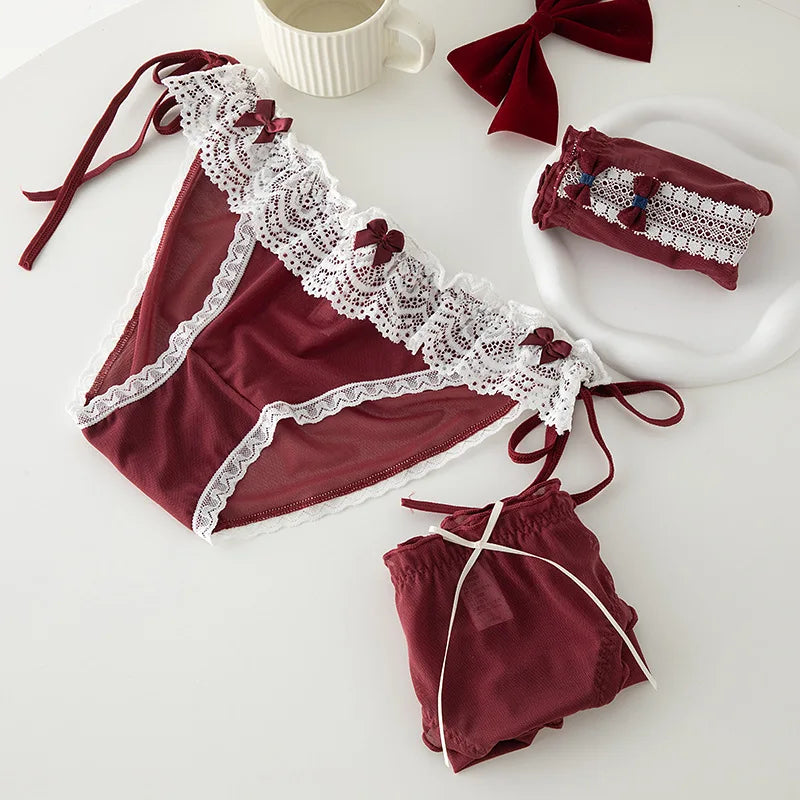 L-XL Women's Underwear Panty Sexy Lace Panties Bowknot Wine Red Brief Med Waist Seamless Underpants Female Lingerie Panties