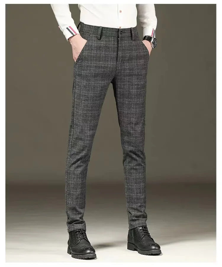 Fashion Black Grey Casual Trouses Mens Straight Fit Long Pants Striped Plaid Four Seasons High Quality Brand Business Trousers