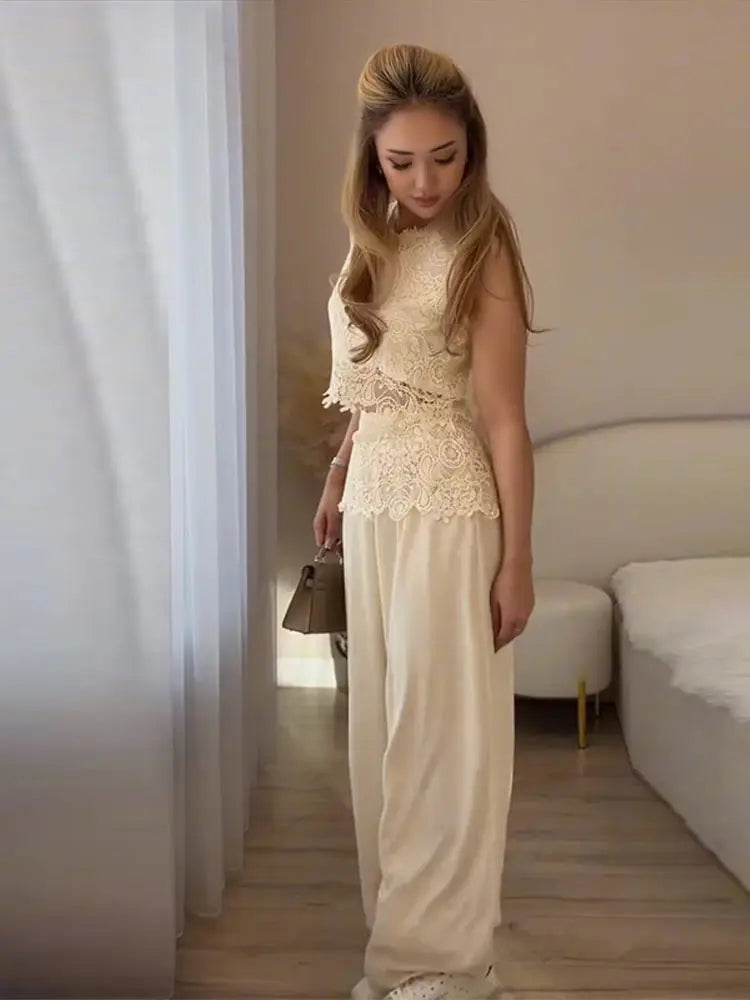Casual Lace Tops Pants Sets Women O Neck Sleeveless High Waist Wide Legs Outfits Female 2026 Summer Beach Vacation Solid Suits