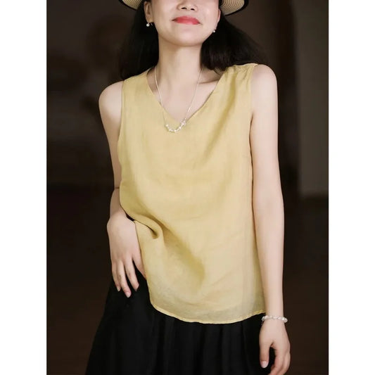 Casual Linen Women Summer V Neck Sleeveless  Top Loose Solid Color Basic Vest
