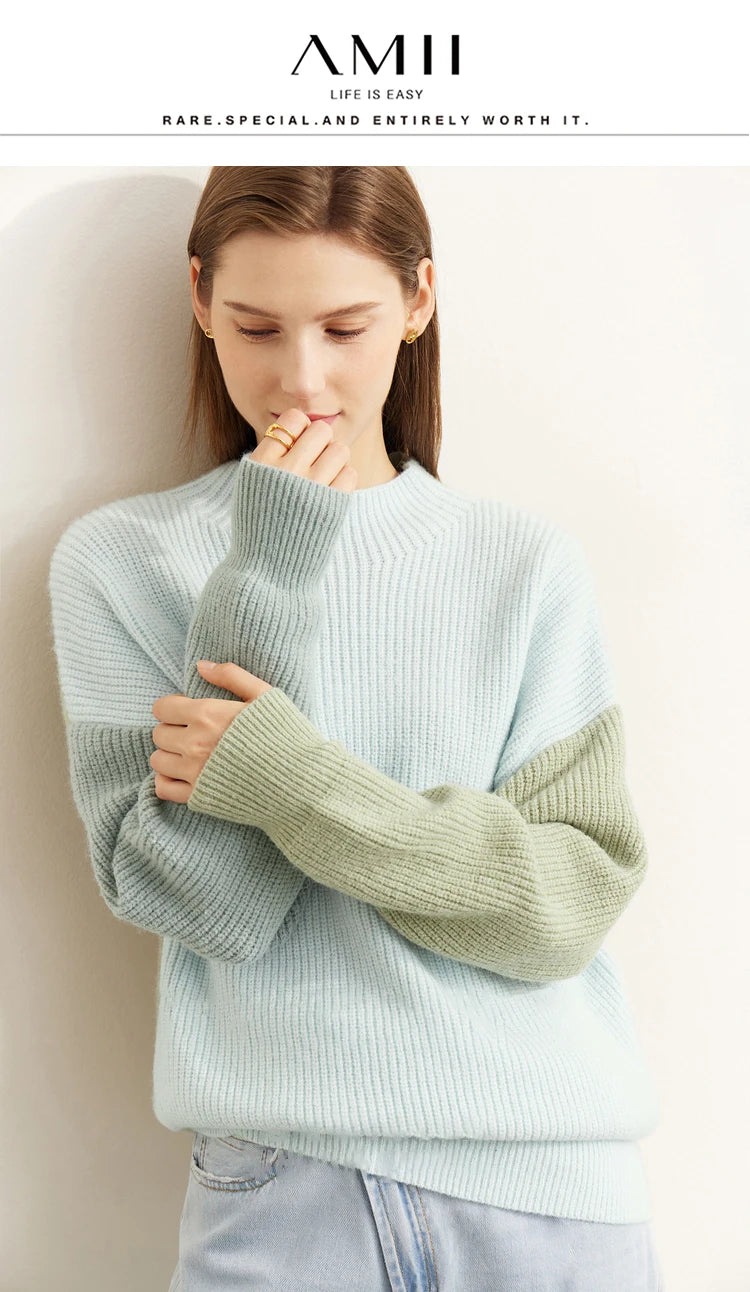 AMII Minimalism Sweaters Women 2024 Spring Street wear Spliced Knitted Top Drop Sleeve Loose Full Pullovers Sweaters 12344144