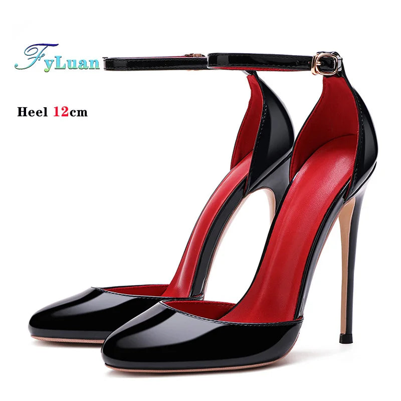 Black Patent Leather Women Ankle Strap Stiletto Pumps 10cm 12cm Professional High Heels Pointed Toe Sexy Summer Buckle Sandals