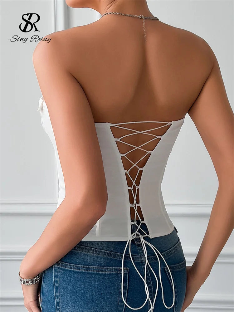 SINGREINY Women Sensual Strapless Slim Tank Tops Female Striped Tie Short Tank Tops Fashion Summer Lace Up Streetwear Tank Tops