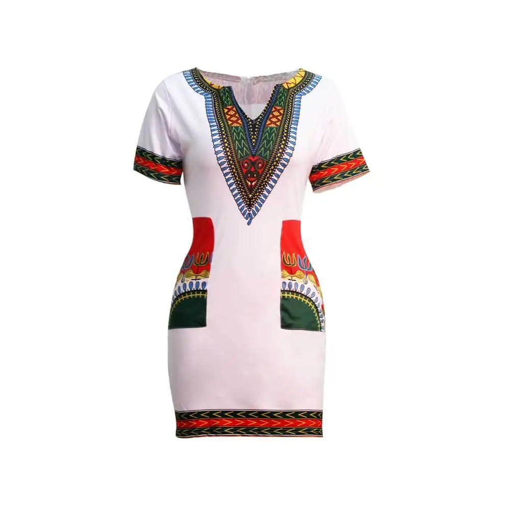 African Dresses for Women Summer 2022 Fashion Style African Women Short Sleeve V-neck Polyester Knee-length Dress