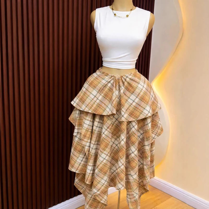 New African Fashion Sweet Checkered Print Skirt Women Summer Streetwear Irregular Patchwork High Waisted Skirt Female Bottoms