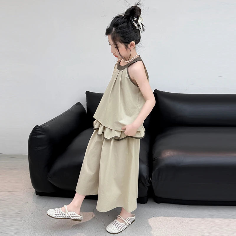 Girls Summer Casual Loose Skirt Pants Set Two Piece Outfit Big Kids Fashion Children's Clothing Set Comfortable