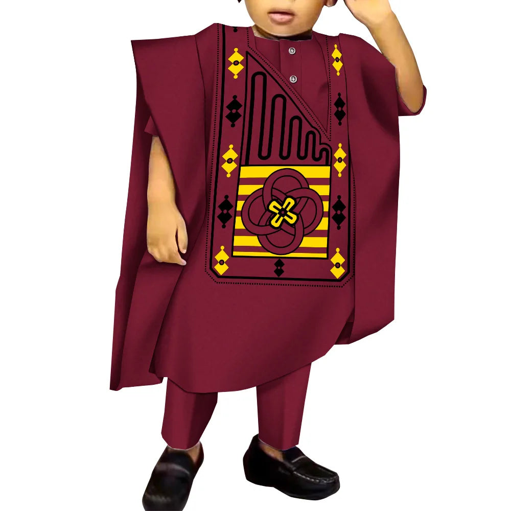 African Boy Embroidered Robe Set Children's Dress Gown Shirt and Trousers Three-piece Boys Traditional Clothing Party Wedding