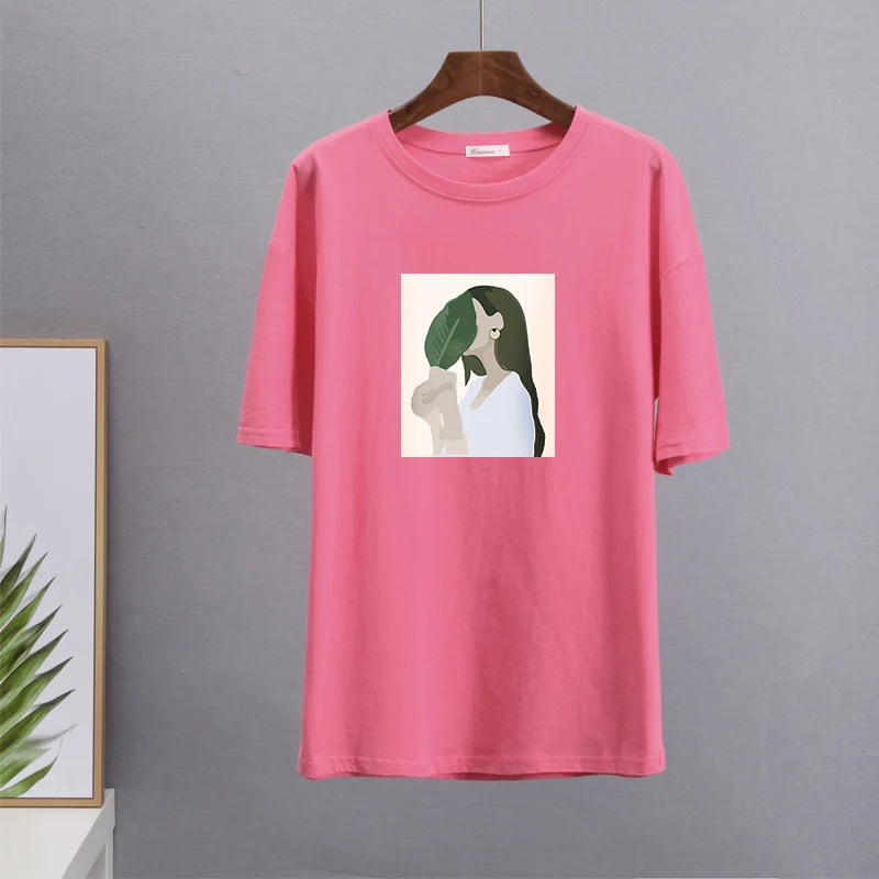Hirsionsan Harajuku Printed T Shirt Women 2023 Summer Chic Tees 100% Cotton Elegant Graphic Clothes Loose Casual Pullover Tops