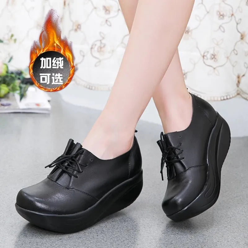 GKTINOO New Women's Genuine Leather Platform Shoes Wedges Black Lady Casual Shoes Swing Lace Up High Heels Shoe Plus Size 34-43