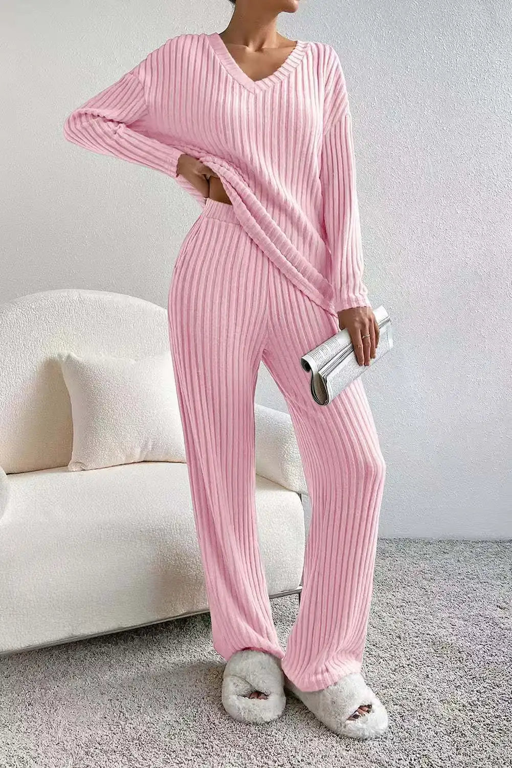 Fashionable Knitted Two-Piece Set Casual V-Neck Long Pants Autumn Winter New Style Loose Fit Korean Style Comfortable Polyester